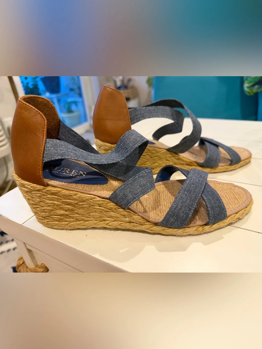 Ralph Lauren Blue Denim Espadrille Wedge Sandals with Brown Heel